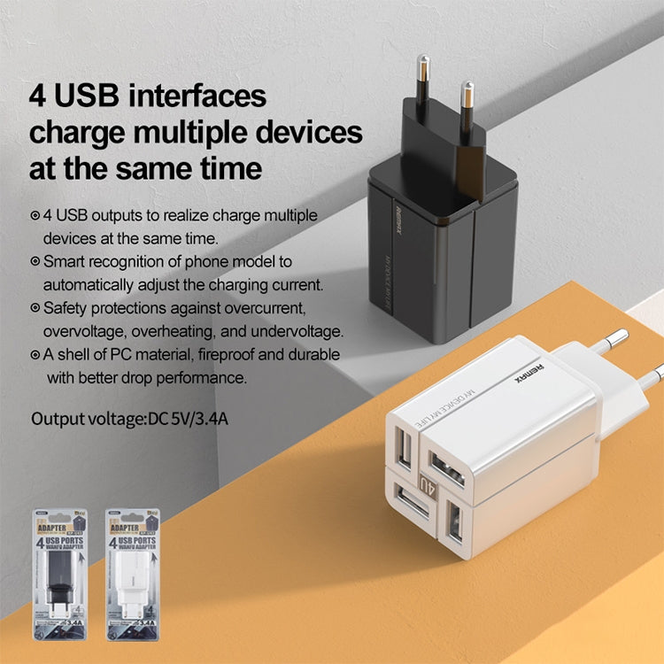 REMAX RP-U43 3.4A 4 USBポート急速充電器、EUプラグ、UKプラグ