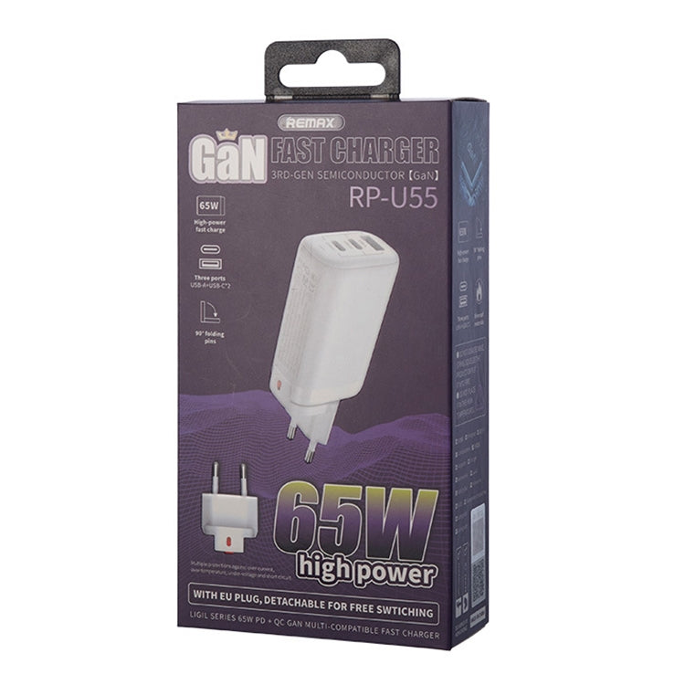 REMAX RP-U55 Territoryシリーズ 65W USB+デュアルUSB-C / Type-Cインターフェース急速充電器、EUプラグ、UKプラグ、CNプラグ