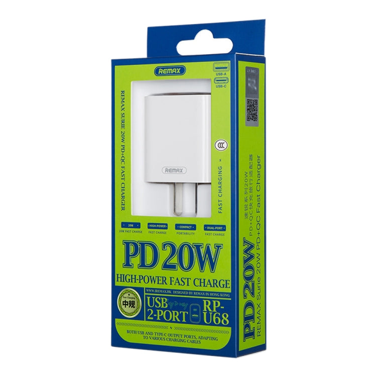REMAX RP-U68 Speedyシリーズ 20W USB+USB-C/Type-Cインターフェース急速充電器、CNプラグ、EUプラグ、UKプラグ、USプラグ