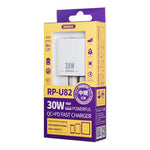 REMAX RP-U82 30W USB+USB-C/Type-C デュアルインターフェース急速充電器、CNプラグ、UKプラグ、USプラグ