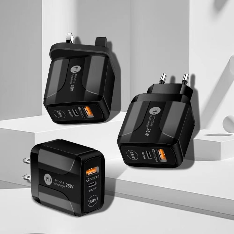 25W PD Type-C + QC3.0 USBポートトラベルチャージャー、USプラグ、EUプラグ