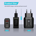 25W PD Type-C + QC3.0 USBポートトラベルチャージャー、USプラグ、EUプラグ