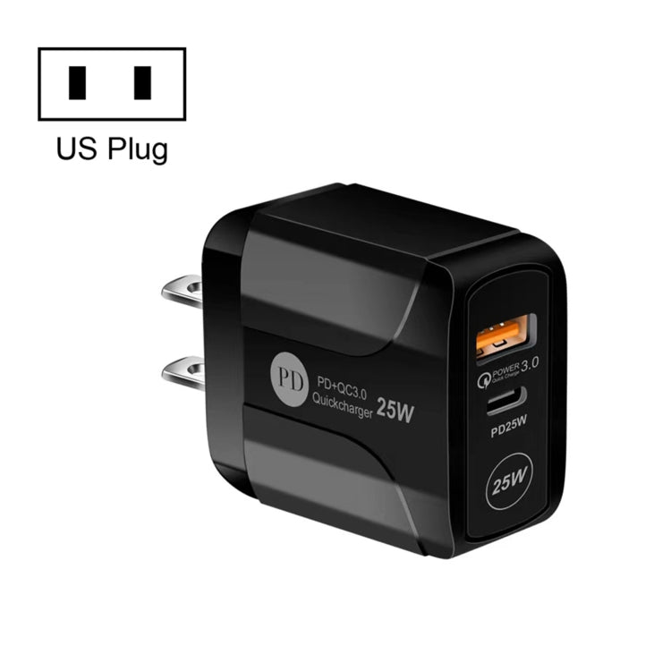 25W PD Type-C + QC3.0 USBポートトラベルチャージャー、USプラグ、EUプラグ