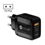 25W PD Type-C + QC3.0 USBポートトラベルチャージャー、USプラグ、EUプラグ