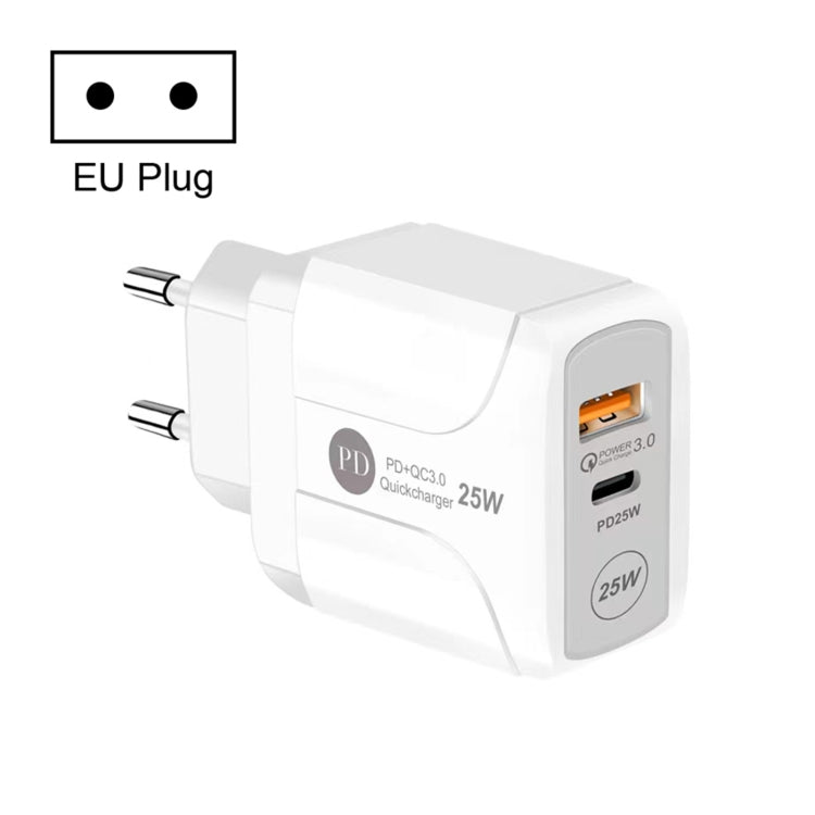 25W PD Type-C + QC3.0 USBポートトラベルチャージャー、USプラグ、EUプラグ