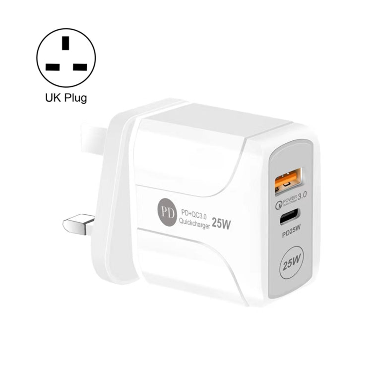 25W PD Type-C + QC3.0 USBポート トラベルチャージャー、UKプラグ