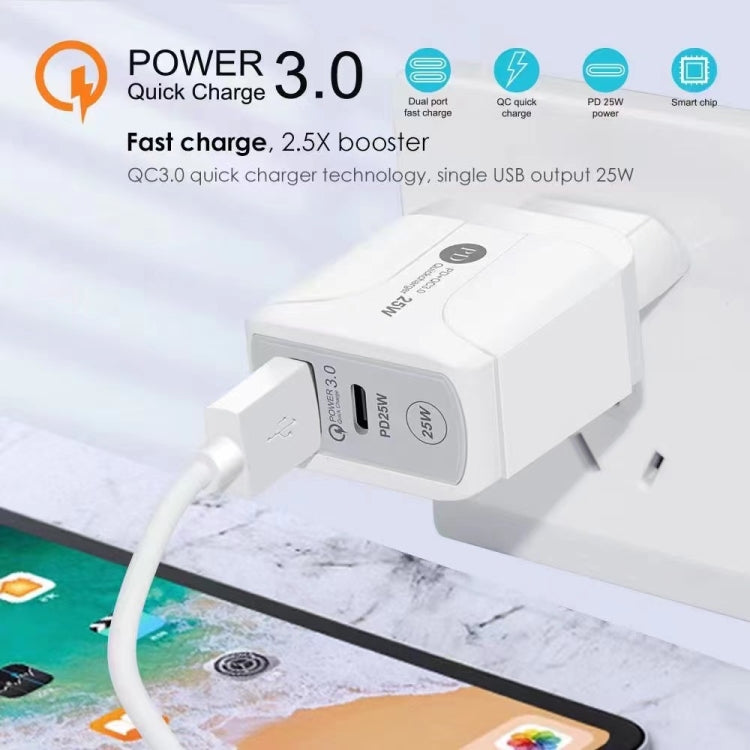 25W PD Type-C + QC3.0 USBポート トラベルチャージャー、UKプラグ
