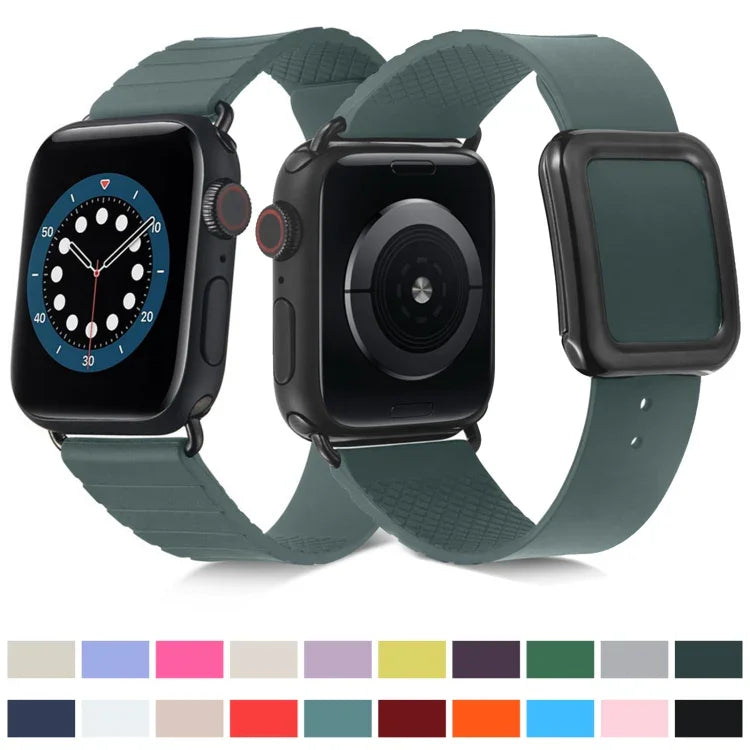 ブラックスクエアバックルシリコンウォッチバンド Apple Watchシリーズ用、7 45mm / 6&SE&5&4 44mm / 3&2&1 42mm、7 41mm / 6&SE&5&4 40mm / 3&2&1 38mm