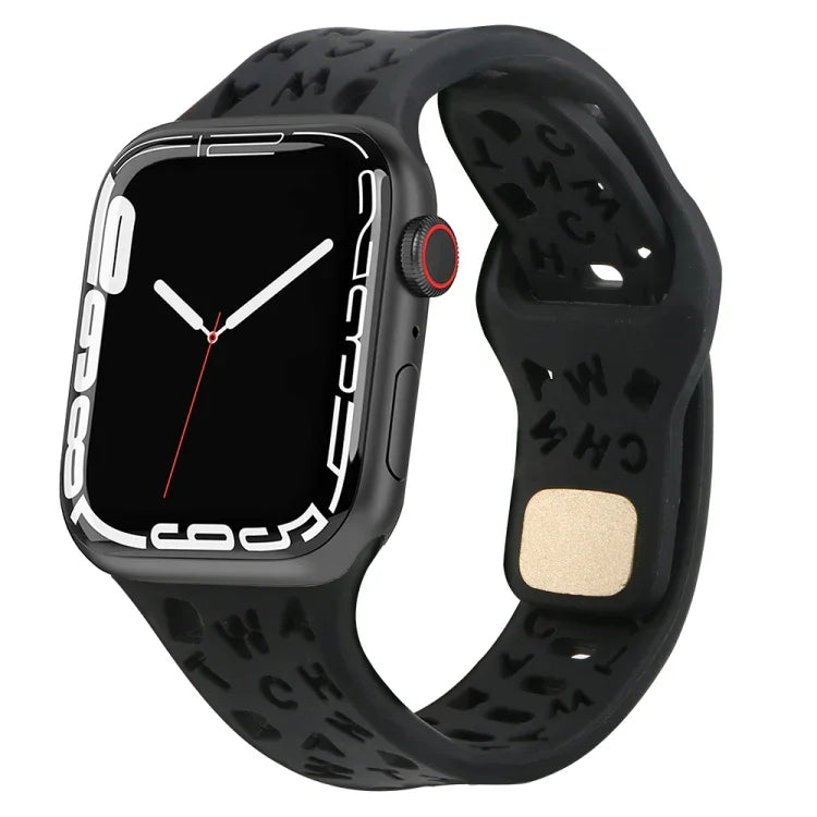 英字シリコン時計バンド、Apple Watch Ultra 49mm / シリーズ 8&7 45mm / SE 2&6&SE&5&4 44mm / 3&2&1 42mm 用、Apple Watch シリーズ 8&7 41mm / SE 2&6&SE&5&4 40mm / 3&2&1 38mm 用