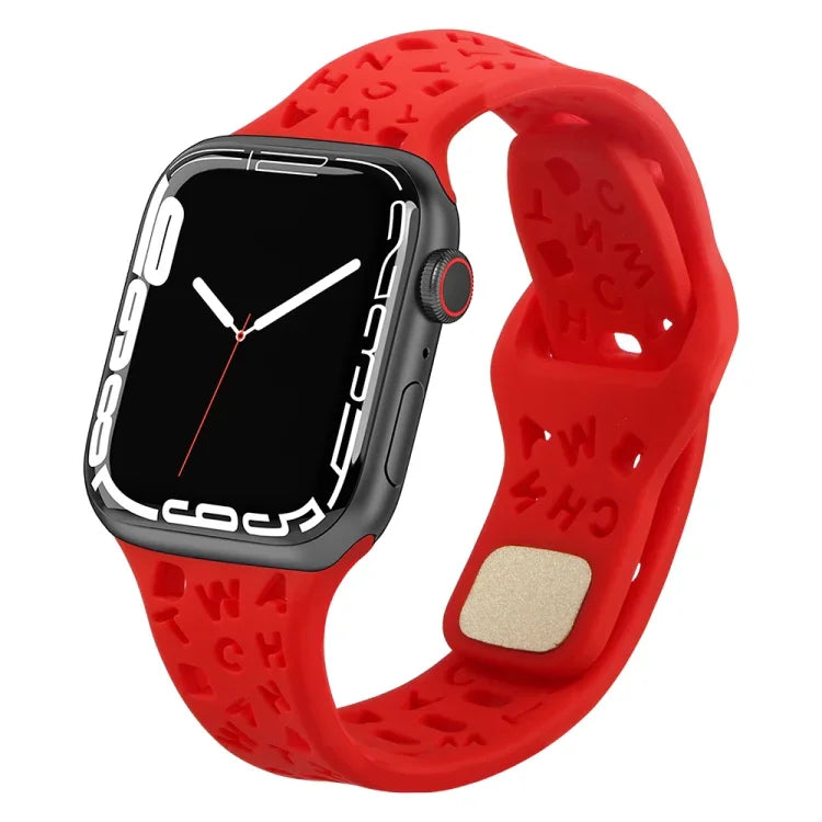 英字シリコン時計バンド、Apple Watch Ultra 49mm / シリーズ 8&7 45mm / SE 2&6&SE&5&4 44mm / 3&2&1 42mm 用、Apple Watch シリーズ 8&7 41mm / SE 2&6&SE&5&4 40mm / 3&2&1 38mm 用