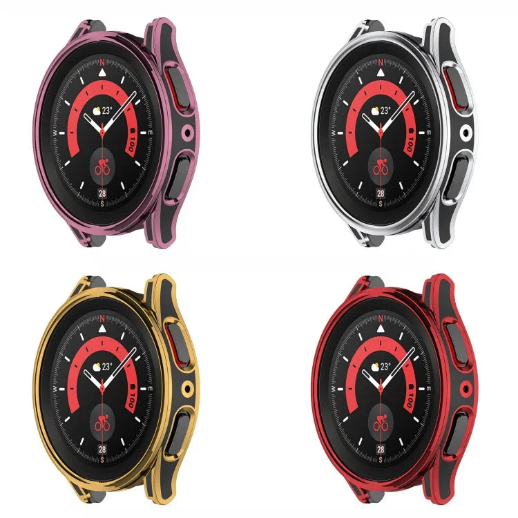 吊り下げ彫刻 ツートン保護ウォッチケース 強化ガラスフィルム付き、Samsung Galaxy Watch5 Pro 45mm用、Samsung Galaxy Watch5 40mm用、Samsung Galaxy Watch5 44mm用、Samsung Galaxy Watch4 40mm用、Samsung Galaxy Watch4 44mm用