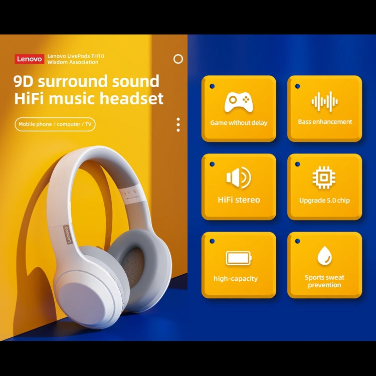 Lenovo TH10 ワイヤレスBluetoothゲーミングバスミュージックスポーツノイズキャンセリングヘッドホン、TH10ホワイト、TH10ブラック