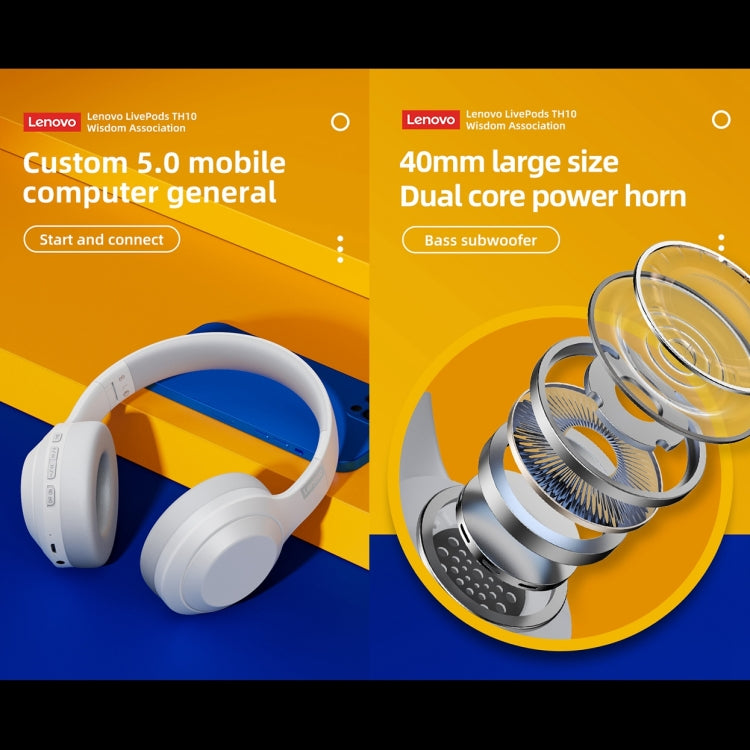 Lenovo TH10 ワイヤレスBluetoothゲーミングバスミュージックスポーツノイズキャンセリングヘッドホン、TH10ホワイト、TH10ブラック