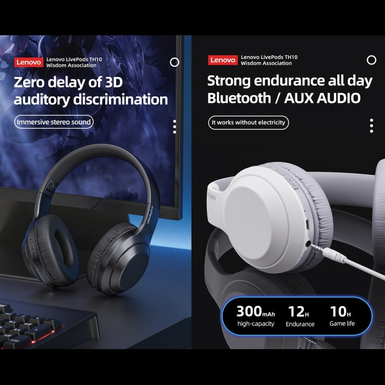 Lenovo TH10 ワイヤレスBluetoothゲーミングバスミュージックスポーツノイズキャンセリングヘッドホン、TH10ホワイト、TH10ブラック