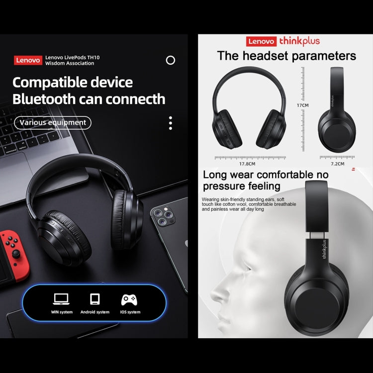 Lenovo TH10 ワイヤレスBluetoothゲーミングバスミュージックスポーツノイズキャンセリングヘッドホン、TH10ホワイト、TH10ブラック