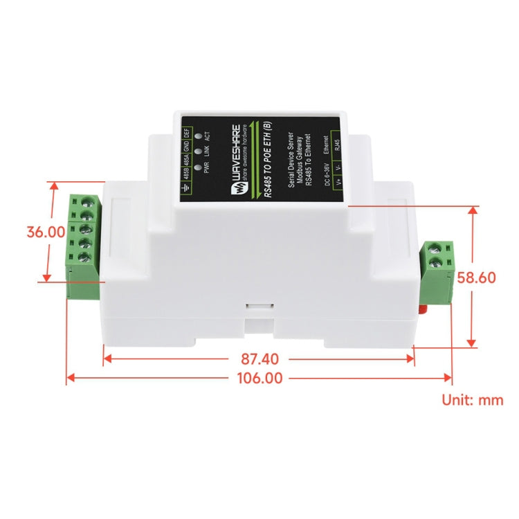 Waveshare DINレール RS485 から RJ45 シリアルサーバー POE機能付き, 23273
