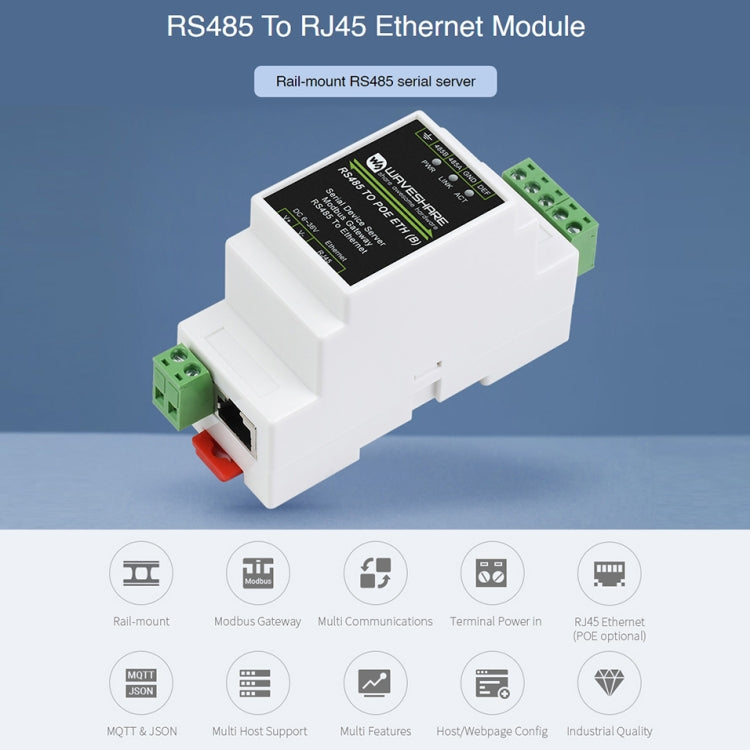 Waveshare DINレール RS485 から RJ45 シリアルサーバー POE機能付き, 23273