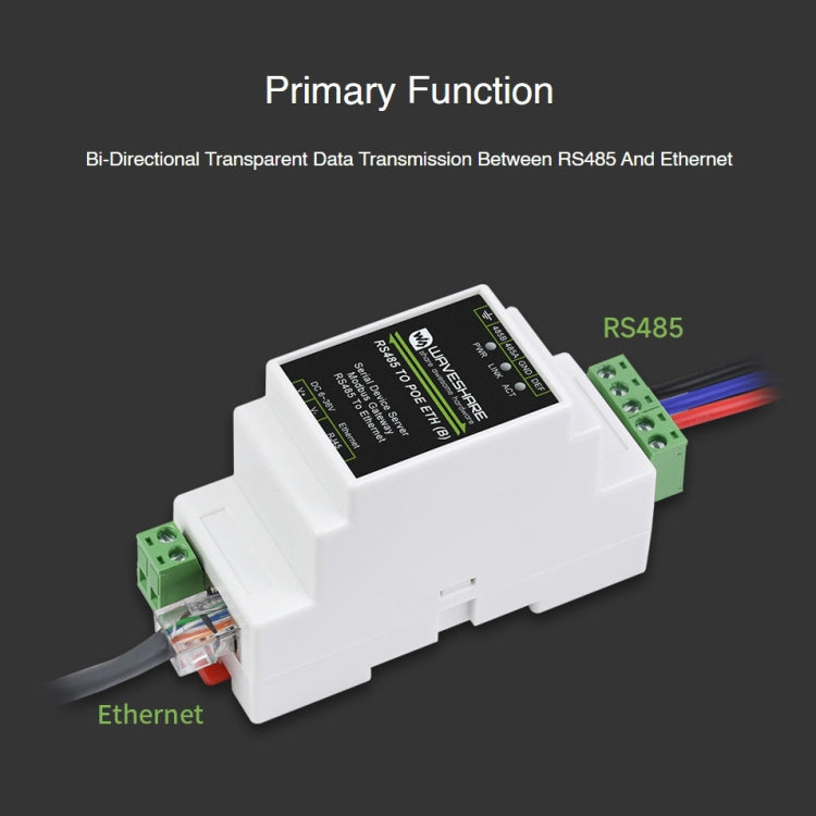 Waveshare DINレール RS485 から RJ45 シリアルサーバー POE機能付き, 23273