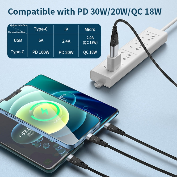 ADC-008 100W USB/Type-C から Type-C + 8ピン + マイクロUSB 二対三完全互換急速充電データケーブル、1.2m、2m
