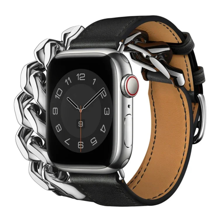 ダブルループ本革ステンレススチールウォッチバンド、Apple Watch Ultra 49mm / シリーズ8＆7 45mm用、Apple Watch シリーズ8＆7 41mm用