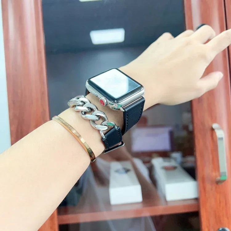 ダブルループ本革ステンレススチールウォッチバンド、Apple Watch Ultra 49mm / シリーズ8＆7 45mm用、Apple Watch シリーズ8＆7 41mm用