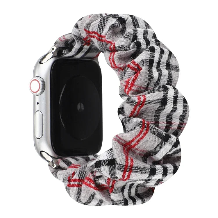 チェック柄花柄布製ヘアリングウォッチバンド、Apple Watch Ultra 49mm / シリーズ 8&7 45mm / SE 2&6&SE&5&4 44mm / 3&2&1 42mm 用、Apple Watch シリーズ 8&7 41mm / SE 2&6&SE&5&4 40mm / 3&2&1 38mm 用