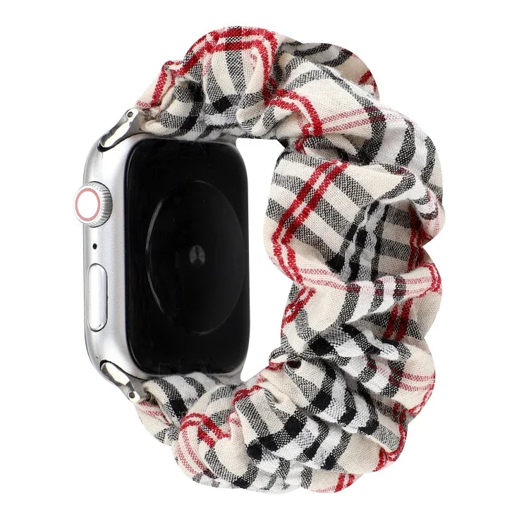 チェック柄花柄布製ヘアリングウォッチバンド、Apple Watch Ultra 49mm / シリーズ 8&7 45mm / SE 2&6&SE&5&4 44mm / 3&2&1 42mm 用、Apple Watch シリーズ 8&7 41mm / SE 2&6&SE&5&4 40mm / 3&2&1 38mm 用