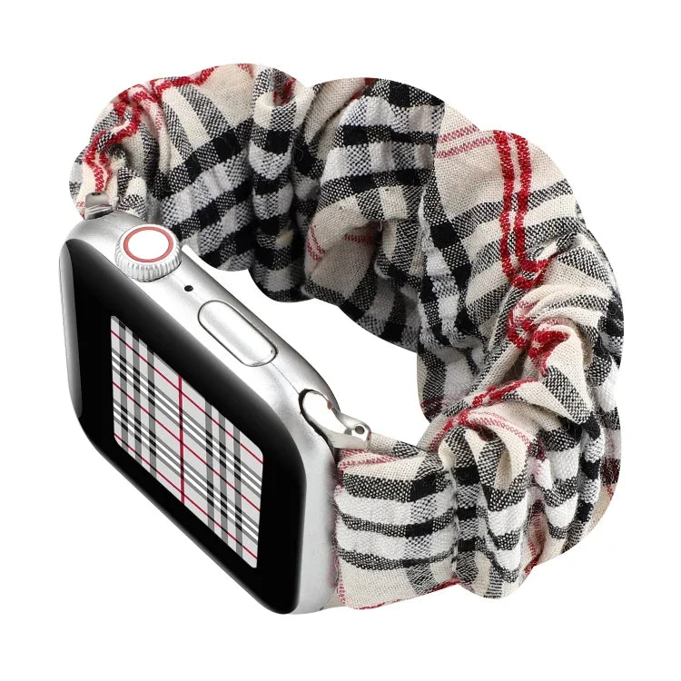 チェック柄花柄布製ヘアリングウォッチバンド、Apple Watch Ultra 49mm / シリーズ 8&7 45mm / SE 2&6&SE&5&4 44mm / 3&2&1 42mm 用、Apple Watch シリーズ 8&7 41mm / SE 2&6&SE&5&4 40mm / 3&2&1 38mm 用