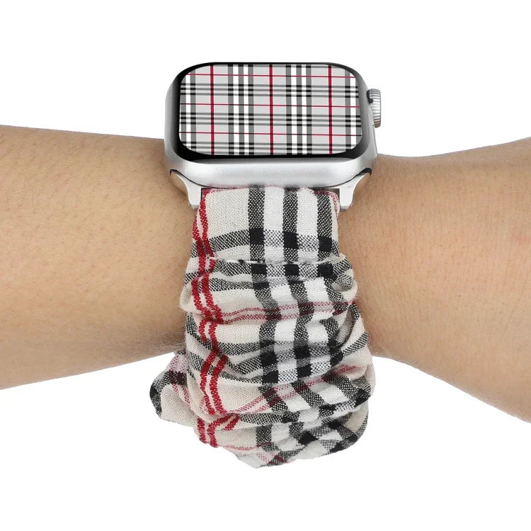 チェック柄花柄布製ヘアリングウォッチバンド、Apple Watch Ultra 49mm / シリーズ 8&7 45mm / SE 2&6&SE&5&4 44mm / 3&2&1 42mm 用、Apple Watch シリーズ 8&7 41mm / SE 2&6&SE&5&4 40mm / 3&2&1 38mm 用