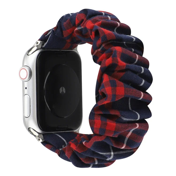 チェック柄花柄布製ヘアリングウォッチバンド、Apple Watch Ultra 49mm / シリーズ 8&7 45mm / SE 2&6&SE&5&4 44mm / 3&2&1 42mm 用、Apple Watch シリーズ 8&7 41mm / SE 2&6&SE&5&4 40mm / 3&2&1 38mm 用