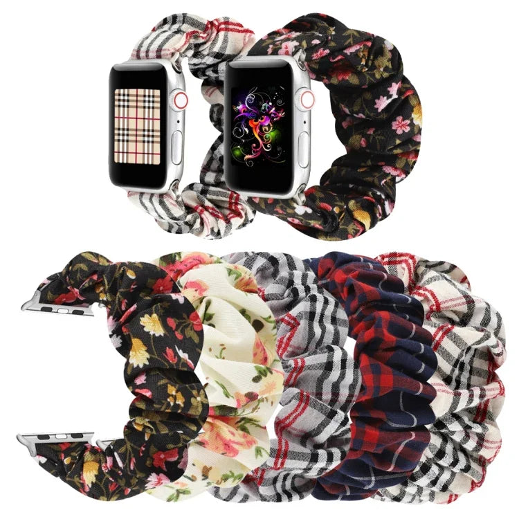 チェック柄花柄布製ヘアリングウォッチバンド、Apple Watch Ultra 49mm / シリーズ 8&7 45mm / SE 2&6&SE&5&4 44mm / 3&2&1 42mm 用、Apple Watch シリーズ 8&7 41mm / SE 2&6&SE&5&4 40mm / 3&2&1 38mm 用