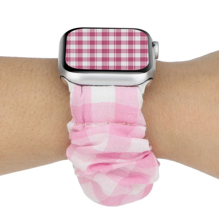 Plaid Pattern Cloth + Stainless Steel Hair Ring Watchband, For Apple Watch Series 7 41mm / 6 & SE & 5 & 4 40mm / 3 & 2 & 1 38mm, For Apple Watch Series 7 45mm / 6 & SE & 5 & 4 44mm / 3 & 2 & 1 42mm