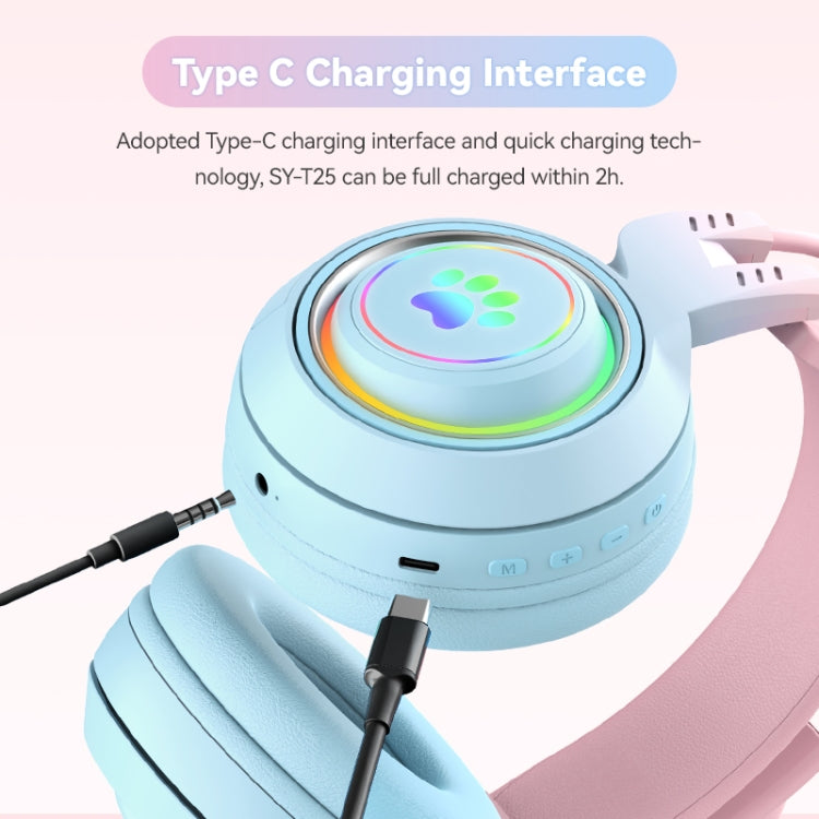 T25 RGB ステレオ猫耳Bluetoothワイヤレスヘッドホン 取り外し可能マイク付き