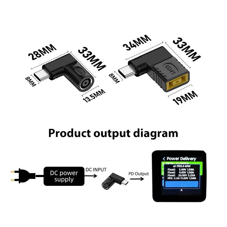 65W DC入力からUSB-C / Type-C PD電源アダプター、7.9x0.9mm、7.4x0.6mm、Lenovoスクエアポート用、6.5x1.4mm、6.3x3.0mm、5.5x2.5mm、5.5x2.1mm、5.5x1.7mm、5.5x1.0mm、4.8x1.7mm、4.0x1.7mm、4.0x13.5mm、4.5x0.6mm、3.5x1.35mm、2.5x0.7mm、6.0x3.7mm、3.0x1.1mm