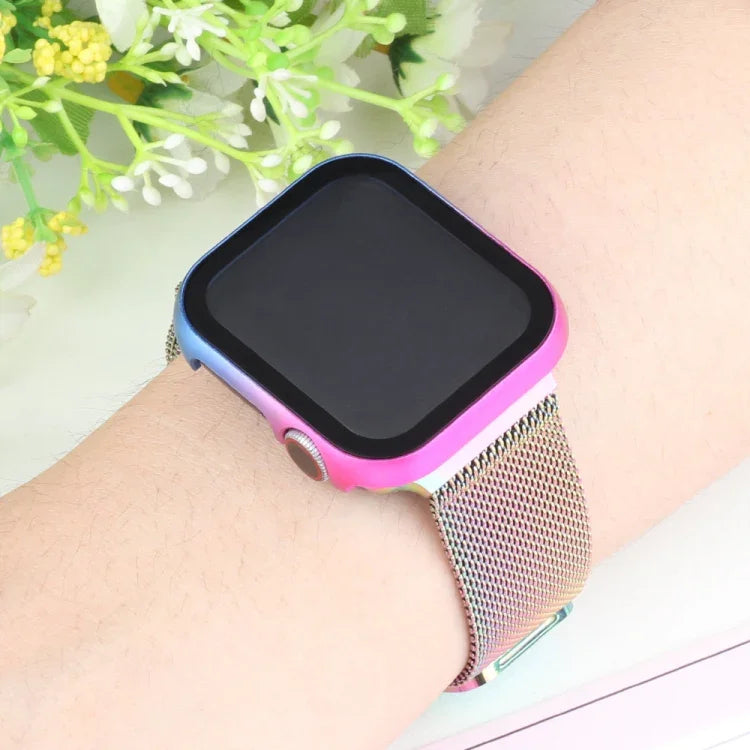 メタルフレーム＋強化ガラス プロテクターケース、Apple Watch Series 9 / 8 / 7 45mm 用、Apple Watch Series SE 2025＆SE2＆6＆SE＆5＆4 44mm 用、Apple Watch Series 3＆2＆1 42mm 用、Apple Watch Series 9 / 8 / 7 41mm 用
