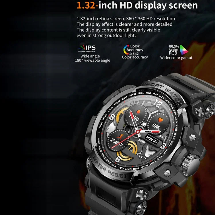 LC16 1.32インチ IP68防水 スポーツアウトドアスマートウォッチ、Bluetooth通話／心拍数モニタリング対応