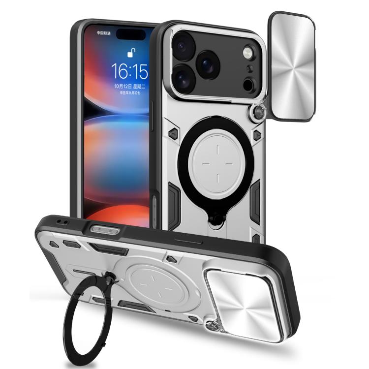 CDテクスチャスライディングカムシールド磁気ホルダースマホケース、iPhone 17e / 16e用、iPhone 17 Pro Max用、iPhone 17 Pro用、iPhone 17用、iPhone Air用、iPhone 16 Pro Max用、iPhone 16 Pro用、iPhone 16 Plus用