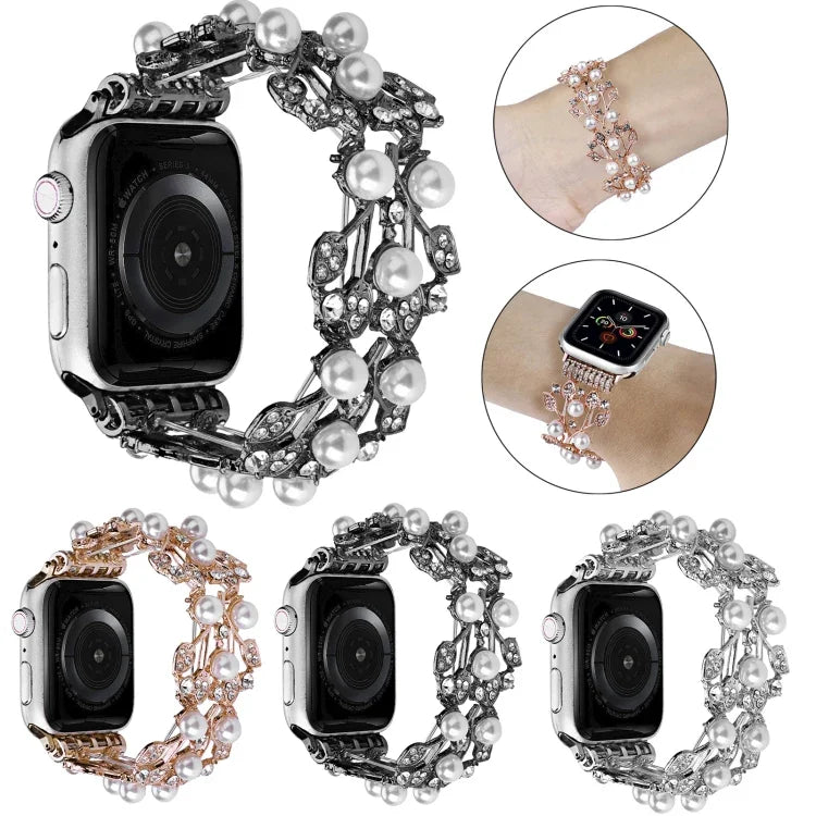四つ葉ビーズメタルウォッチバンド Apple Watch 6 40mm用、Apple Watch 6 44mm用、Apple Watch 5 44mm用、Apple Watch 5 40mm用、Apple Watch 4 44mm用、Apple Watch 4 40mm用、Apple Watch 3 38mm用、Apple Watch 3 42mm用、Apple Watch 2 42mm用