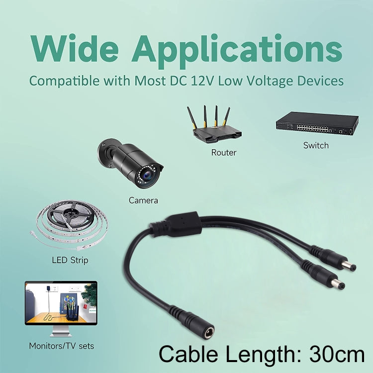 5.5 x 2.1mm メスからオスプラグ DC電源スプリッターアダプター電源ケーブル、30cm、70cm