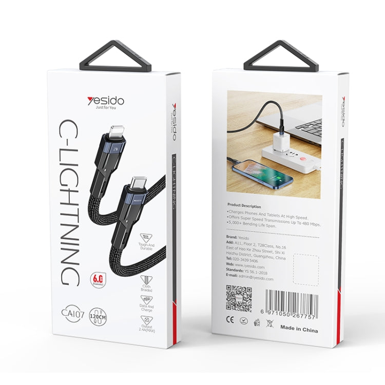 YESIDO CA107 1.2m 2.4A USB-C / Type-C から 8ピン OD0.6 充電データケーブル、CA107