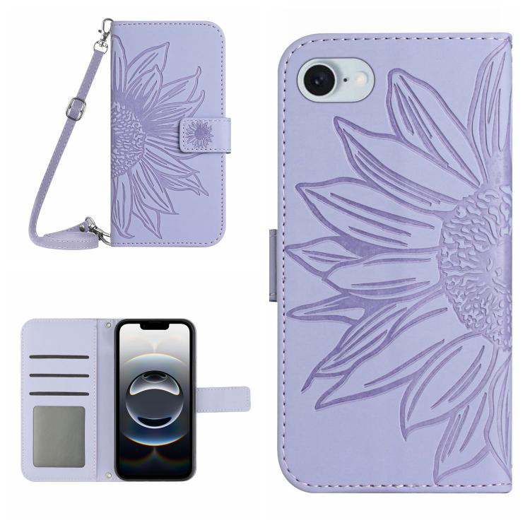 Skin Feel ひまわり型エンボス加工 フリップレザーケース ストラップ付き、iPhone 17e / 16e用、iPhone 17 Pro Max用、iPhone 17 Pro用、iPhone 17用