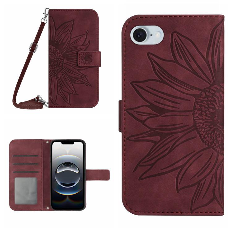 Skin Feel ひまわり型エンボス加工 フリップレザーケース ストラップ付き、iPhone 17e / 16e用、iPhone 17 Pro Max用、iPhone 17 Pro用、iPhone 17用