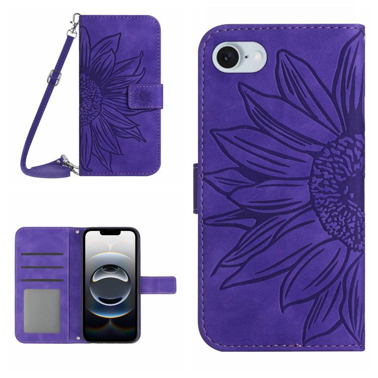 Skin Feel ひまわり型エンボス加工 フリップレザーケース ストラップ付き、iPhone 17e / 16e用、iPhone 17 Pro Max用、iPhone 17 Pro用、iPhone 17用