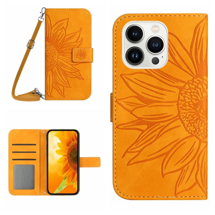 Skin Feel Sun Flower Embossed Flip Leather Phone Case with Lanyard, For iPhone Air, For iPhone 16 Pro Max, For iPhone 16 Pro, For iPhone 16 Plus