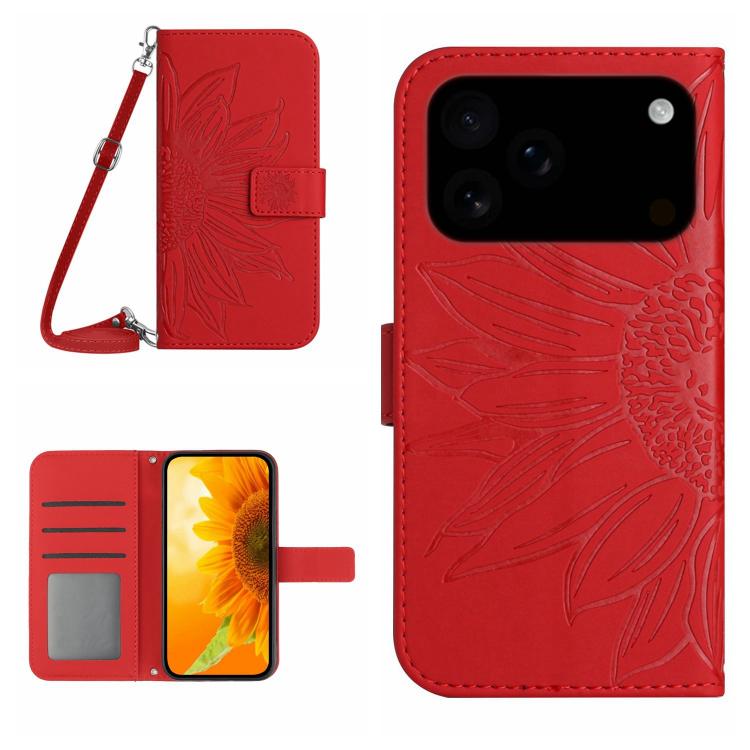 Skin Feel ひまわり型エンボス加工 フリップレザーケース ストラップ付き、iPhone 17e / 16e用、iPhone 17 Pro Max用、iPhone 17 Pro用、iPhone 17用