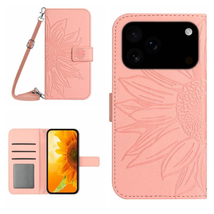 Skin Feel ひまわり型エンボス加工 フリップレザーケース ストラップ付き、iPhone 17e / 16e用、iPhone 17 Pro Max用、iPhone 17 Pro用、iPhone 17用