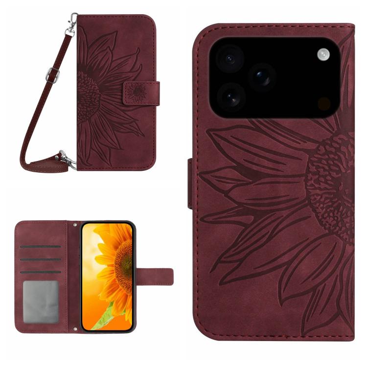 Skin Feel ひまわり型エンボス加工 フリップレザーケース ストラップ付き、iPhone 17e / 16e用、iPhone 17 Pro Max用、iPhone 17 Pro用、iPhone 17用