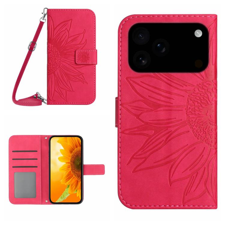 Skin Feel ひまわり型エンボス加工 フリップレザーケース ストラップ付き、iPhone 17e / 16e用、iPhone 17 Pro Max用、iPhone 17 Pro用、iPhone 17用