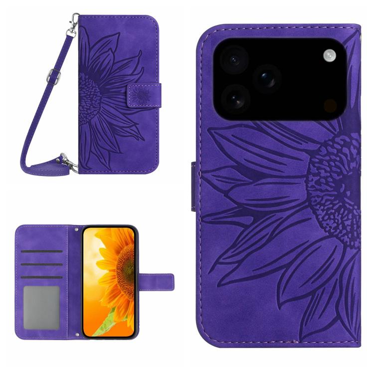 Skin Feel ひまわり型エンボス加工 フリップレザーケース ストラップ付き、iPhone 17e / 16e用、iPhone 17 Pro Max用、iPhone 17 Pro用、iPhone 17用