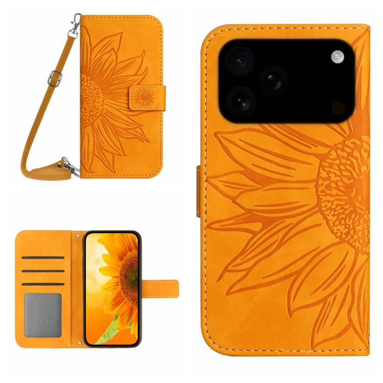Skin Feel ひまわり型エンボス加工 フリップレザーケース ストラップ付き、iPhone 17e / 16e用、iPhone 17 Pro Max用、iPhone 17 Pro用、iPhone 17用